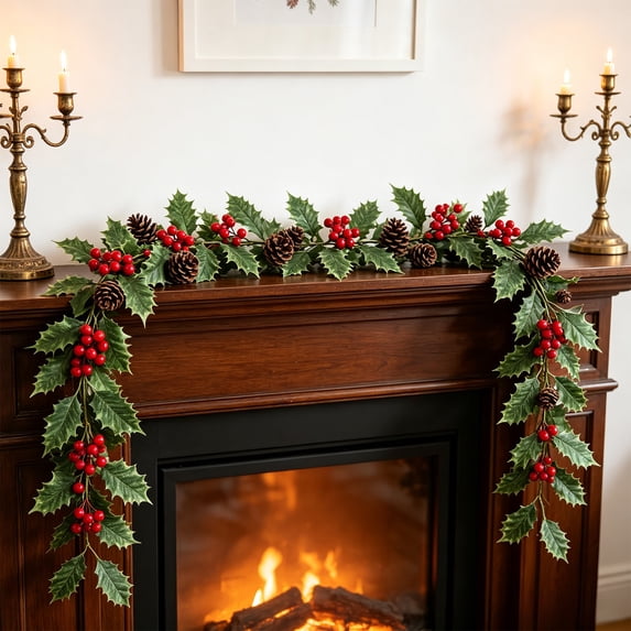 Library Ladder Railing Christmas Garland 14.9in 4-Piece Connectable Garland with Poinsettia ...