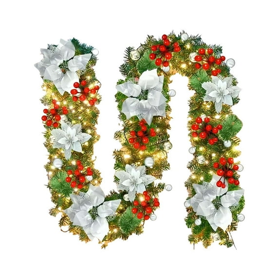 Christmas Garland 5ft with String Lights, Artificial PVC Pine Needle Vine, White Flower Holiday Garland for Fireplace Mantel, Doorway, Staircase, or Christmas Tree Decoration