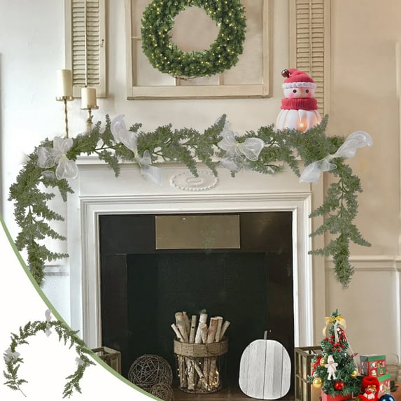 Christmas Garland 6.56ft Realistic Christmas Pines Needle Garland With White Bow Green Artificial Christmas Wreath Winter Outdoor Garland for Mantel Tabletop Porch Holiday Christmas Decoration