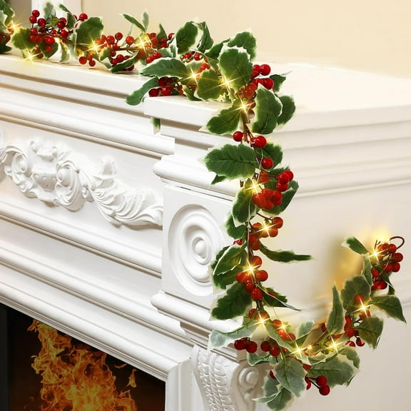 Christmas Garland, 6.5FT Pre-lit Red Berries & Holly Leaves Garlands, Artificial Lighted Berry Garland Battery Operated with Timer, Indoor Outdoor Xmas Fireplace Gate Home Winter New Year Decor
