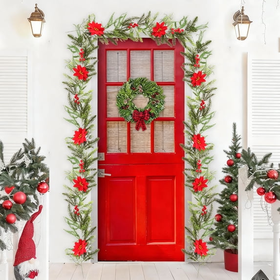 Christmas Garland, 72.83 Inch Artificial Xmas Flocked Garlands, Poinsettia Spruce Garland, Artificial Pine Needle Garland with Xmas Flower, for Garden Home Winter New Year Decorations