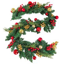 Christmas Garland 79 inch with LED, Gold & Red Ball Berries Battery Control, Christmas Decor with Light Timer for Mantle Staircase Indoor and Outdoor