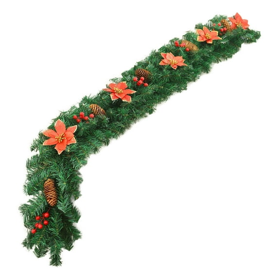 Christmas Garland 8.8 ft with Balls & Flowers - Artificial Greenery Vine for Mantel, Staircase, Fireplace, Front Door, Table, and Holiday Home Décor