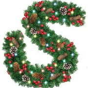 9FT Christmas Garland, Pre-lit Artificial Garland Decorations Greenery with Flowers, Berries Cones Balls Ornament, Warm White 50 LED Lights, Indoor/Outdoor, Flocked with Mixed Decor