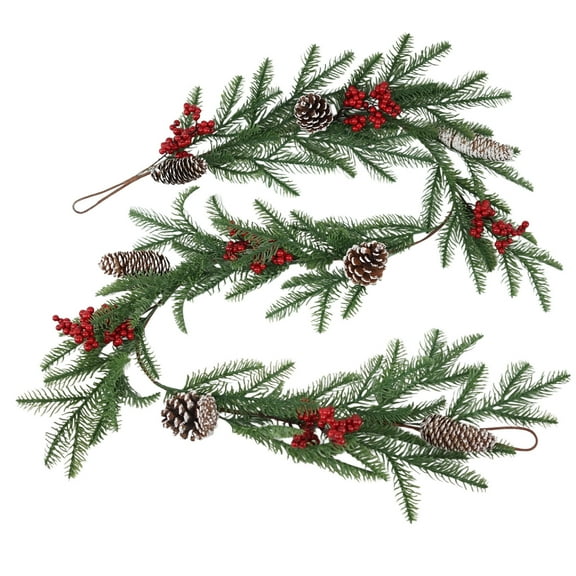 Christmas Garland, Artificial Christmas Decoration, Realistic Red Fruit Berry Pine Cones Rattan Garland for Indoor Outdoor Decor, 190cm Long Green Plastic Christmas Wreath