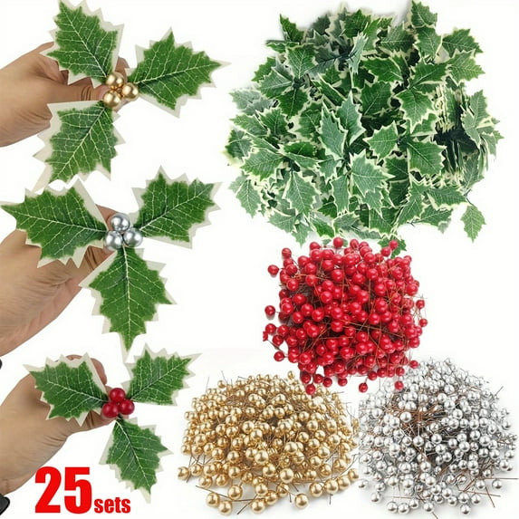 Christmas Garland Artificial Holly Garland with Red Berries for Fireplace Wall Table Decor, Reusable Holiday Display(Gold)