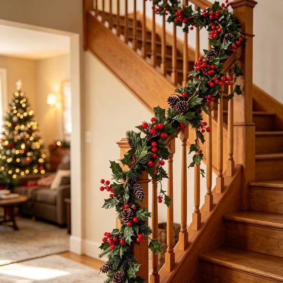 Christmas Garland Artificial Holly Red Berries Pine Cones Flexible ...