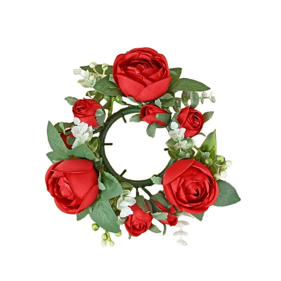 Christmas Garland Candle Decorations, Holiday Table Centerpieces, Artificial Rose Floral Wreath for Front Door, Wedding Decor, Mini Candle Rings Garland, Red Orange Pink White Beige Blue, 20x20cm