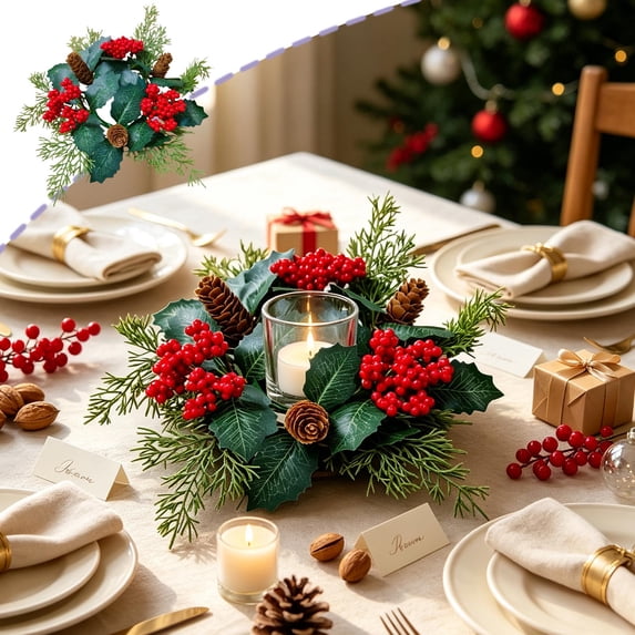 Christmas Garland Decor Candle Ring Wreath, White Red Floral with Pinecone for Table Mantel Door Cabinet Festive Centerpiece by OVFUIZ