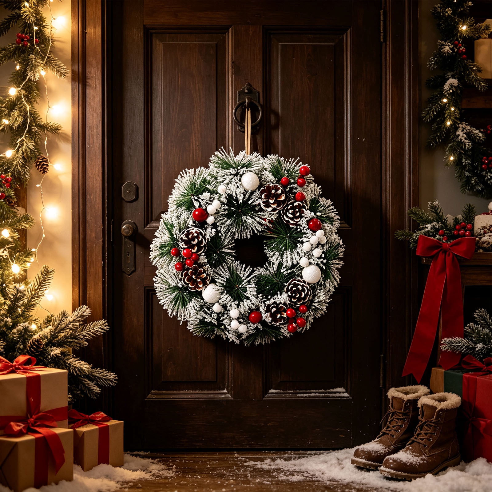 Christmas Garland Decor Classic Needle Wreath, Lifelike Pinecone Berry