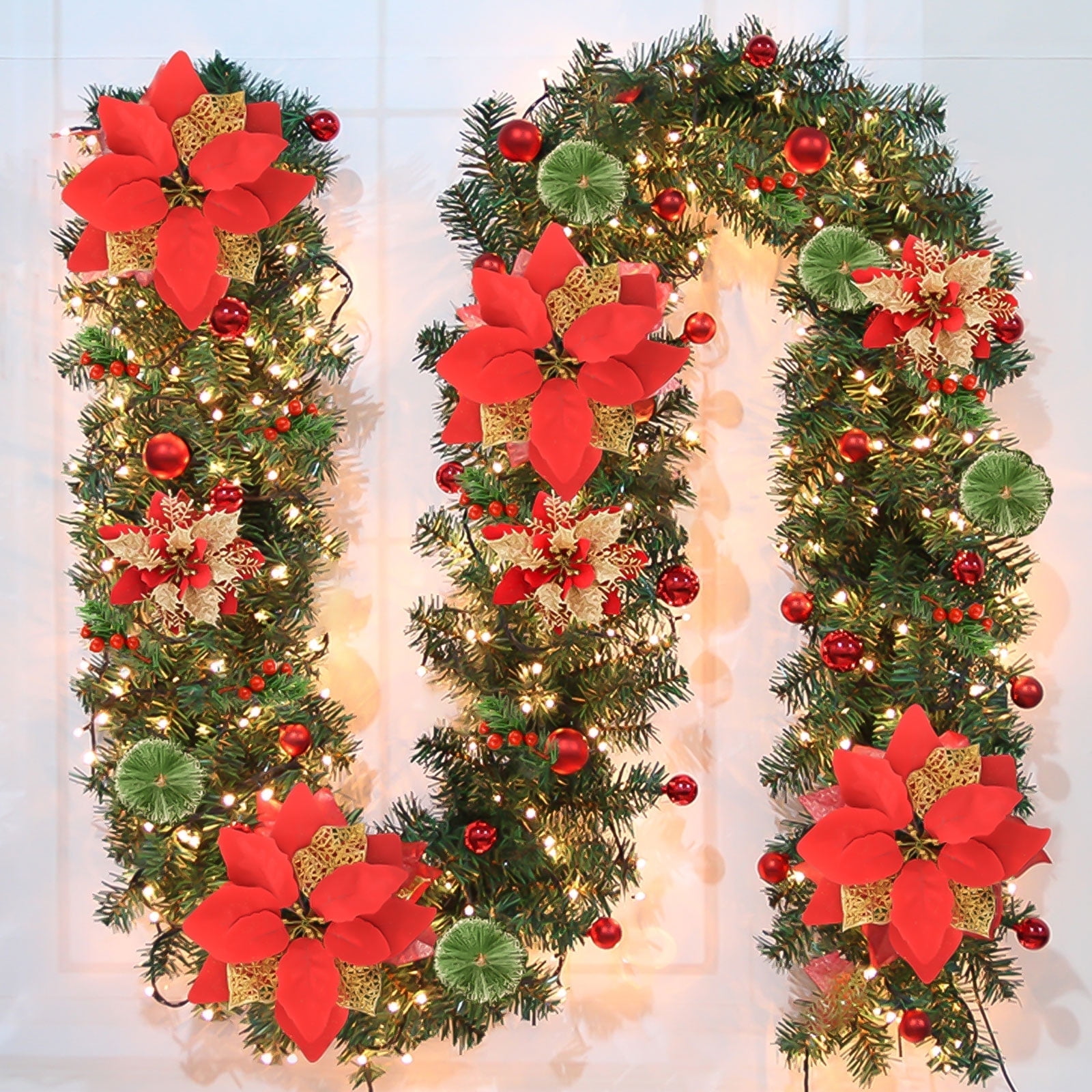 Christmas Garland Decoration with Lights - 9Ft/2.7M Prelit Artificial Christmas Garland Decorations with Berries Pine Needles - Xmas Garland for Fireplaces Front Door Stairs Home Indoor Outdoor Decor