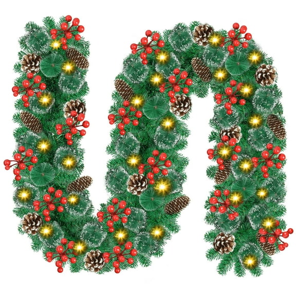 Christmas Garland Decorations, 9FT Christmas Garland with Lights Pre-lit Artificial Garland for Stair Decoration with Pinecones, Spruce, Berry Clusters for Indoor Fireplace, Railings Outdoor Decor
