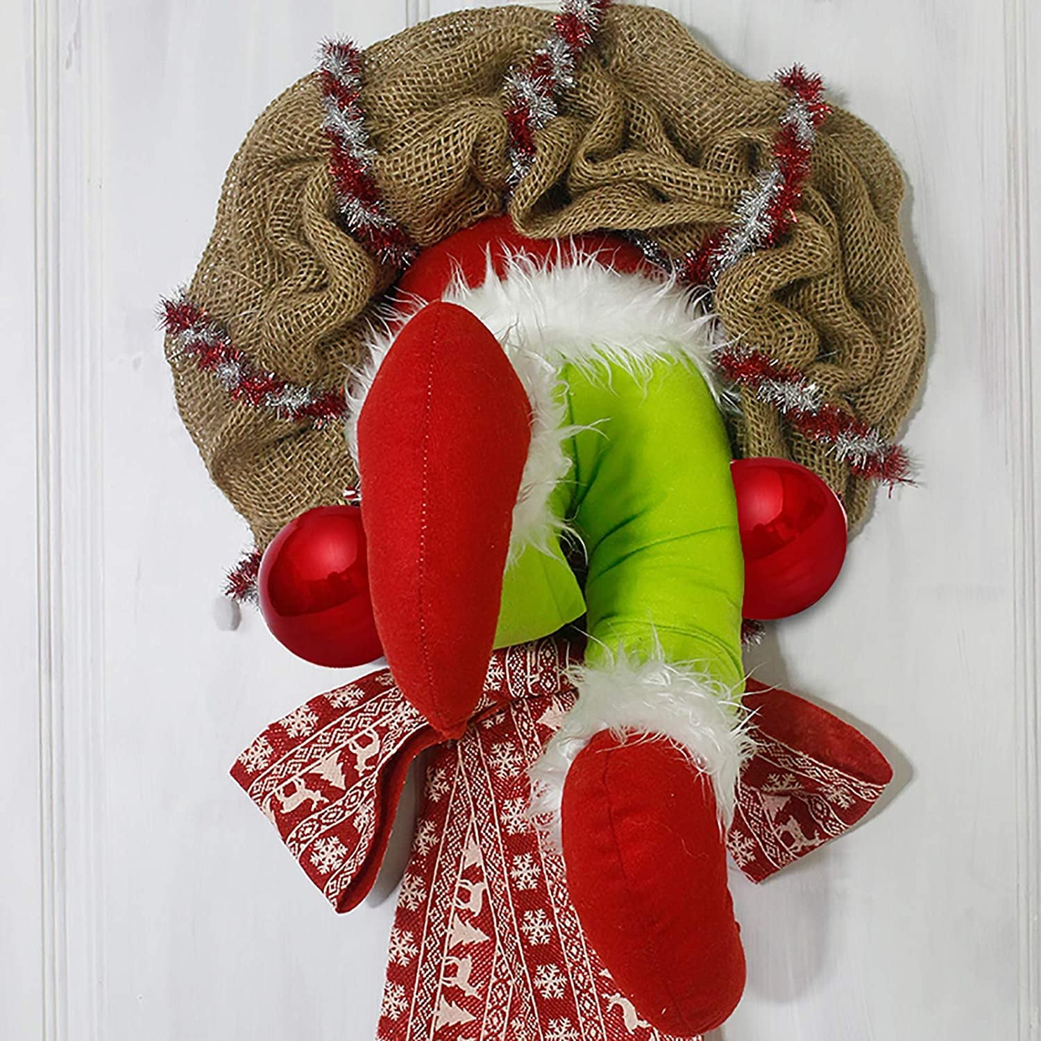 Grinch Christmas Plush Wreath, Thief Stole Artificial Burlap Wreath,Elf  Body Burlap Pose-able Plush Legs Decorations Bow Wreath, Santa Winter  Wreath