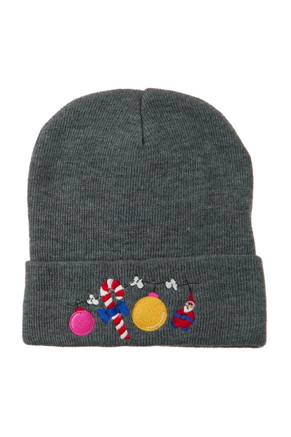 Christmas Garland Elf Candy Embroidered Beanie - Grey OSFM