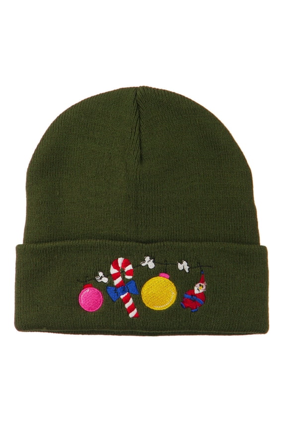 Christmas Garland Elf Candy Embroidered Beanie - Olive OSFM