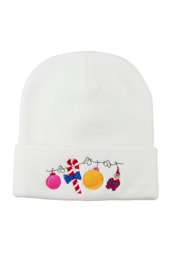 Christmas Garland Elf Candy Embroidered Beanie - White OSFM