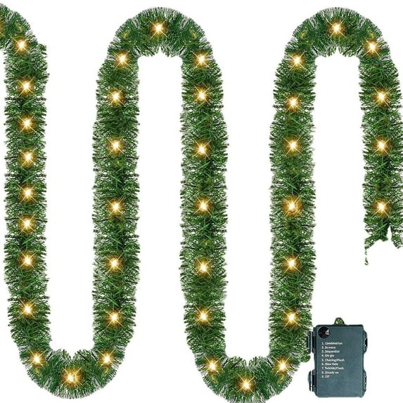 Christmas Garland LED String Lights, Artificial Pine Garland, 16.4Ft Rattan Decorative Warm White LED Lights, Battery Operated, Flexible Plastic Material, Indoor Outdoor Holiday Decor