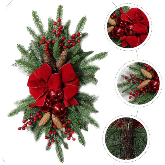 Christmas Garland with Light,Christmas Teardrop Swag,Artificial Xmas Stair Swag with Red Bow Berries and Pine Cones,Props Pendant Wall Hanging Simulation Flower for Staircase Door Wall Decoration