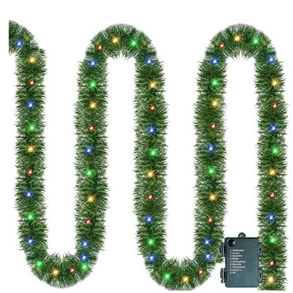 Christmas Garland Lighted 15-Foot Artificial with Color Lights for Indoor Holiday Door Home Stairs and Wall Decor,A