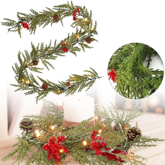 Christmas Garland with Lights, 6 FT Battery Operated Artificial Greenery Garland with Timer, 20 LEDs, Pine Cones and Red Berries for Mantle, Front Door, Stairs Railing Decoration (1 Pack)