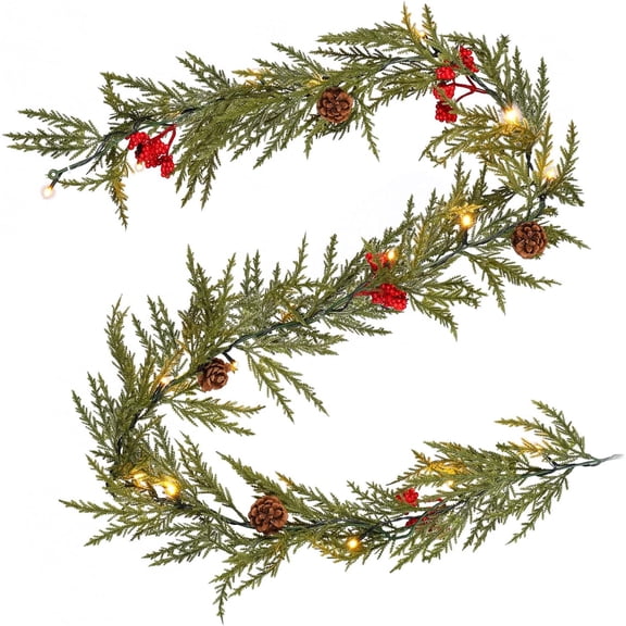 Christmas Garland with Lights, 6 FT Battery Operated Artificial Greenery Garland with Timer, Pine Cones and Red Berries for Mantle, Front Door, Stairs Railing Decoration