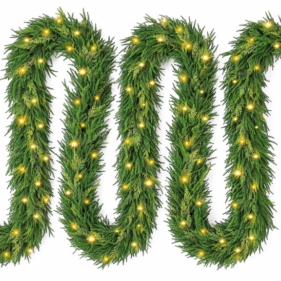 Christmas Garland with Lights, 6Ft Thick and Realistic Artificial Cedar Garland with Soft Willow Leaf, Green Faux Needles Garland for Winter Home Mantel Fireplace Holiday Party Decorations