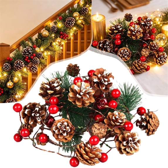 Christmas Garland with Lights,78.4 Inch Red Berry Pine Cone Xmas Tree LED Garland,Battery‑Operated Pine Cone Berry Garland Light,Flexible Copper Wire Pine Cone Fairy String Glow Strand for Holiday