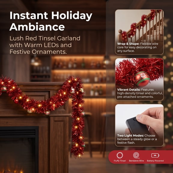 Christmas Garland with Lights 9.8ft Warm White LED, Battery Operated Prelit Red Tinsel Garland for Mantel Staircase Door Indoor Outdoor Decor by MPOISVA
