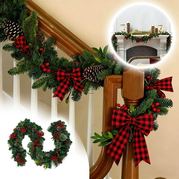 Christmas Garland Lights 9 Feet - Red Gold Illuminated Garland Artificial with Rattan Flower Vine for Mantel Door Party Decor