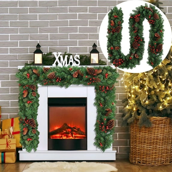 Christmas Garland with Lights, 9 Foot Pre-Lit Artificial Garland, Decorated with Pine Cones, Red Berries, Warm Lights, Ideal for Xmas Mantel, Front Porch, Fireplace, Indoor Christmas Decoration