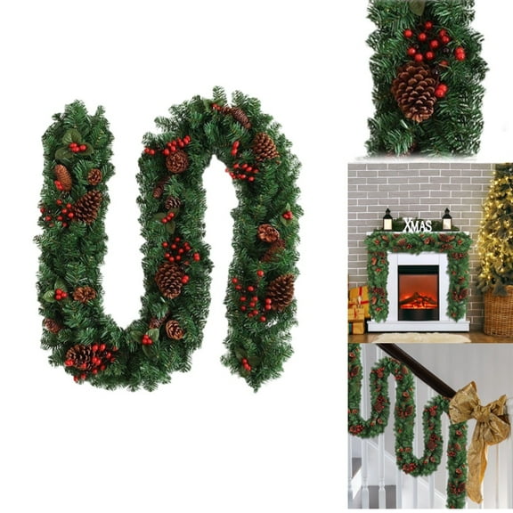 Christmas Garland with Lights, 9 Foot Pre-Lit Artificial Garland, Decorated with Pine Cones, Red Berry Clusters, Warm LED Lights, Christmas Decoration for Indoor Mantle, Fireplace, Xmas Decor