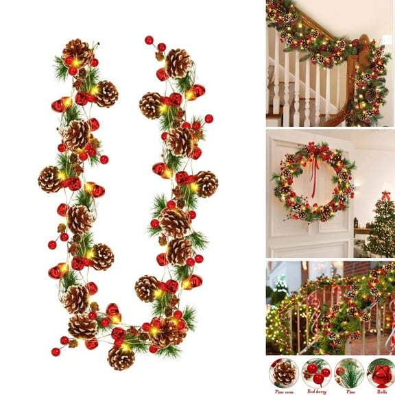 Christmas Garland with Lights, 9 Ft Pre-Lit Artificial Garland, LED Lights, Pine Cones & Red Berry Clusters, Plug-in, Waterproof, Great for Front Door, Fireplace, Outdoor Xmas Christmas Decoration