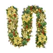Christmas Garland with Lights, 9FT Pre-Lit Artificial Christmas Green Garland for Stair Decorations with Spruce, Red Flowers, Berry Clusters for Indoor Fireplaces, Railings Outdoor Decor