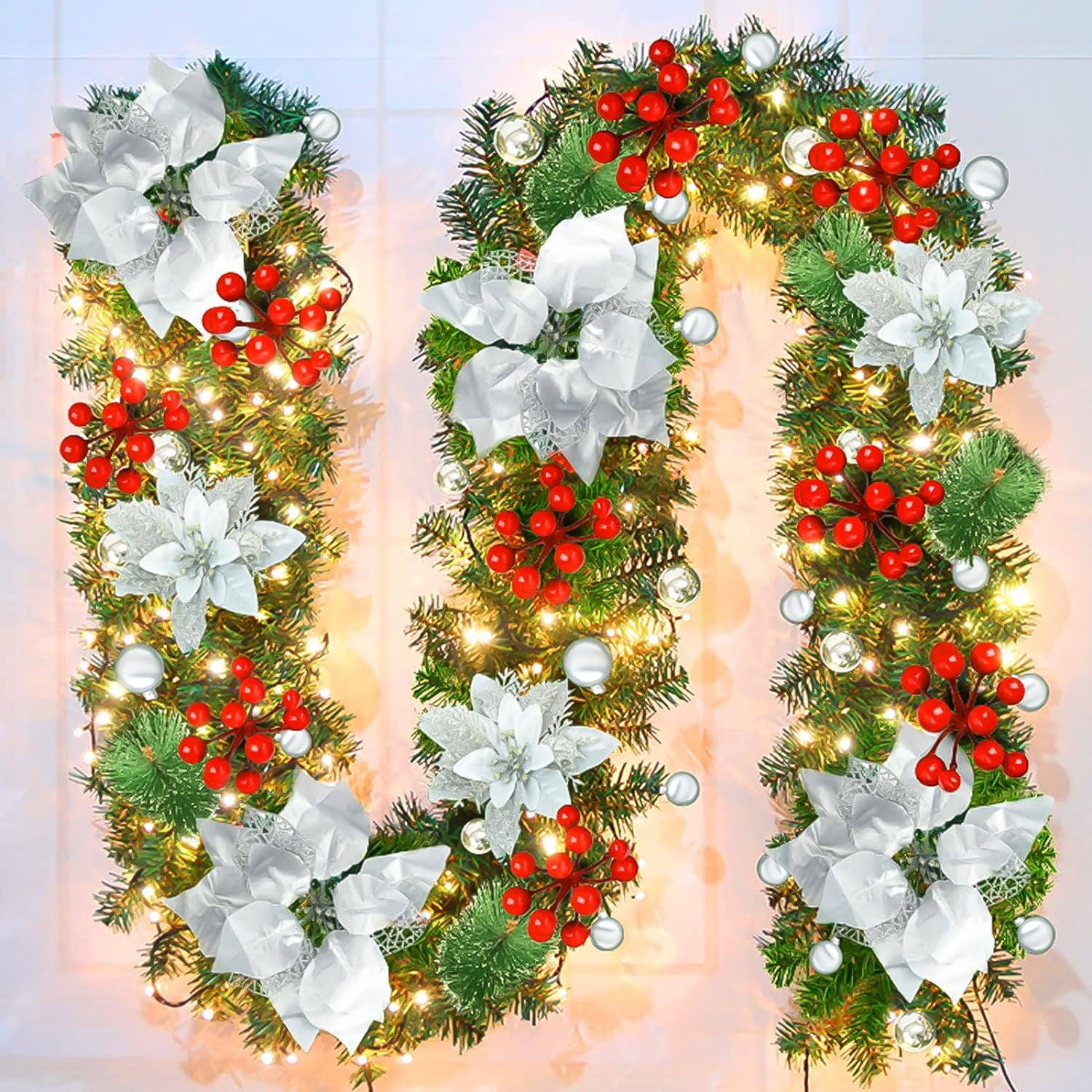 Christmas Garland with Lights, 9FT PreLit Artificial Christmas Green