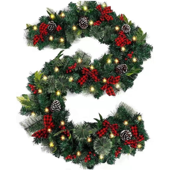 Christmas Garland with Lights, Artificial Christmas Wreaths for Front Door,9ft Lighted Garland for Christmas Decoration Outdoor Indoor Party Stair, Winter Holiday Wedding Xmas Decor (1 Pack)
