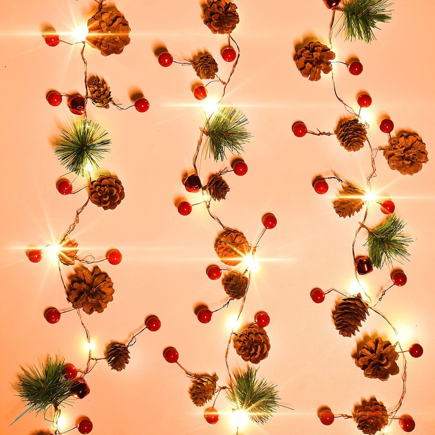 Christmas Garland with Lights Battery Operated 7.2Ft 20 LED Red Berry
