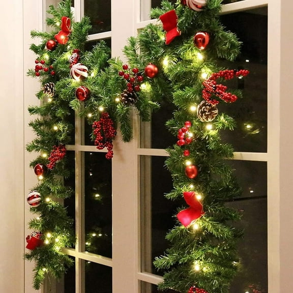 Christmas Garland with Lights，Battery Operated Lighted Garland with Pine Cones Red Berries Lush Branches,LED Lights，Christmas Decorations Indoor/Outdoor
