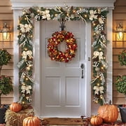 Christmas Garland with Lights, Champagne Gold 6FT 20LED Pre-Lit Christmas Garland with Ball Ornaments, Ribbons, Pine Cones and Artificial Antlers for Door Mantle Stairs Christmas Decoration