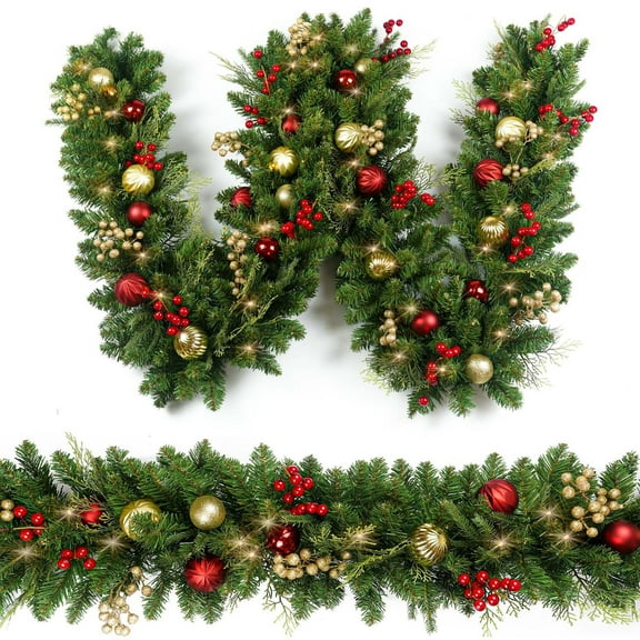 Christmas Garland with Lights - LEDs Prelit, Gold & Red Ball Berries Battery Control, Christmas Decorations Lighted Garland with Light Timer for Mantel Staircase Indoor Outdoor (Blue)