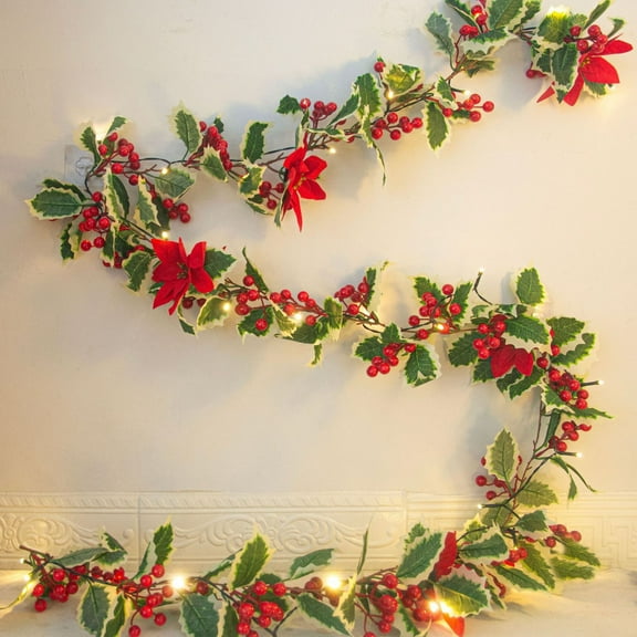 Christmas Garland with Lights, Pre-Lit Red Berries & Holly Leaves Garlands Artificial Christmas Hanging Garlands for Mantel, Fireplace, Staircase, Indoor Outdoor Holiday Decor