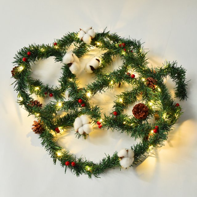 Christmas Garland with Lights, Red Berry Pine Cone 16ft 50 LED Garland