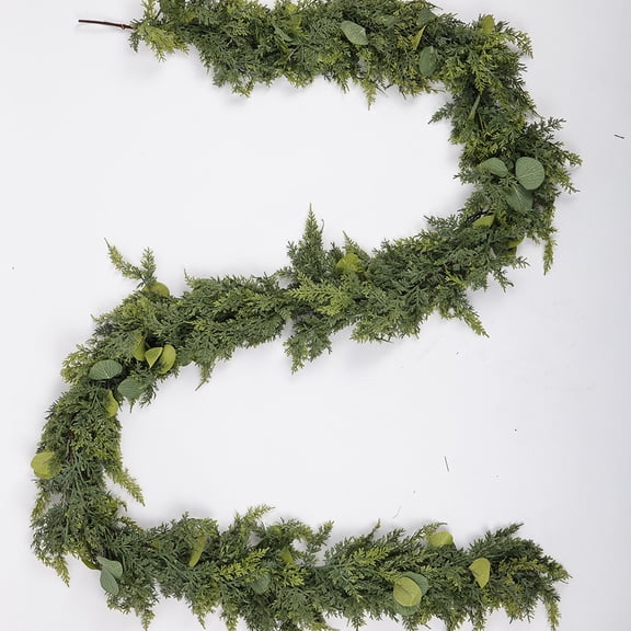 Christmas Garland with Lights, Thick and Realistic Artificial Cedar Garland with Green Eucalyptus Leaves, Green Faux Needles Garland for Winter Home Mantel Fireplace Holiday Party Decorations, 6Ft