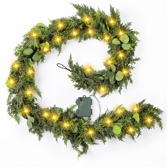 Christmas Garland with Lights, Thick and Realistic Artificial Cedar Garland with Green Eucalyptus Leaves, Green Faux Needles Garland for Winter Home Mantel Fireplace Holiday Party Decorations, 6Ft