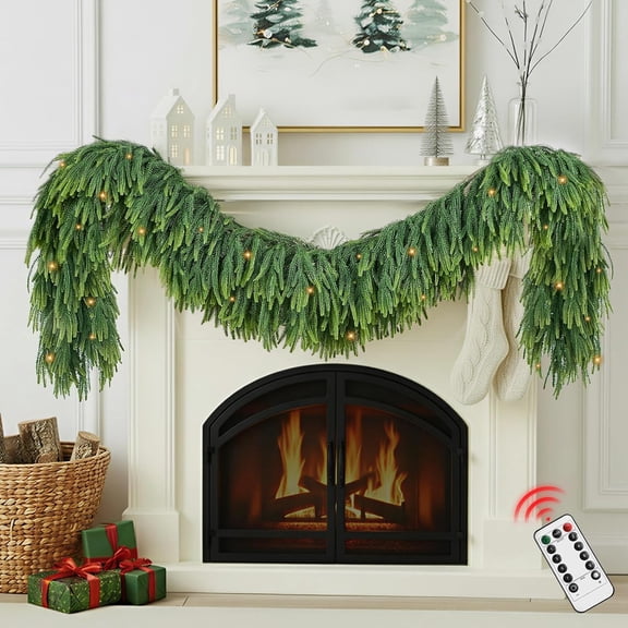 Christmas Garland for Mantle Outdoor - Decoraitons with Light 6ft Prelit Greenery Norfolk Pine Garlands for Stairs Railing Realistic Light Up Home Decoration for Indoor Fireplace Decor NEW-2SNFK-6FT
