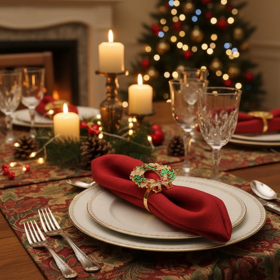 Christmas Garland Napkin Ring, 1.88" x 1.29" Holiday Table Setting Decor
