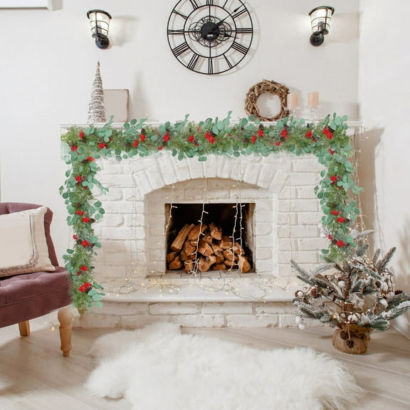 Christmas Garland Norfolk Pine Garland&nbsp;6.56ft Christmas Pines Needle Wreath With Red Berry Greenery Outdoor Pine Garland Realistic Winter Greenery Wreath for Mantel Table Porch Decorations