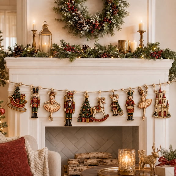 Christmas Garland, Nutcracker Ballet Characters, Wooden Mantel Display for Holiday Hosts