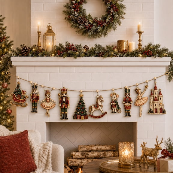 Christmas Garland, Nutcracker Ballet Storybook Wooden Mantel Banner for Holiday Hosts