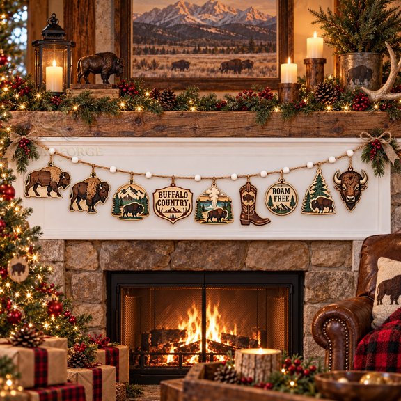 Christmas Garland Ornament, Western Buffalo Wooden Beads for Fireplace Mantel, Rustic Holiday Gift