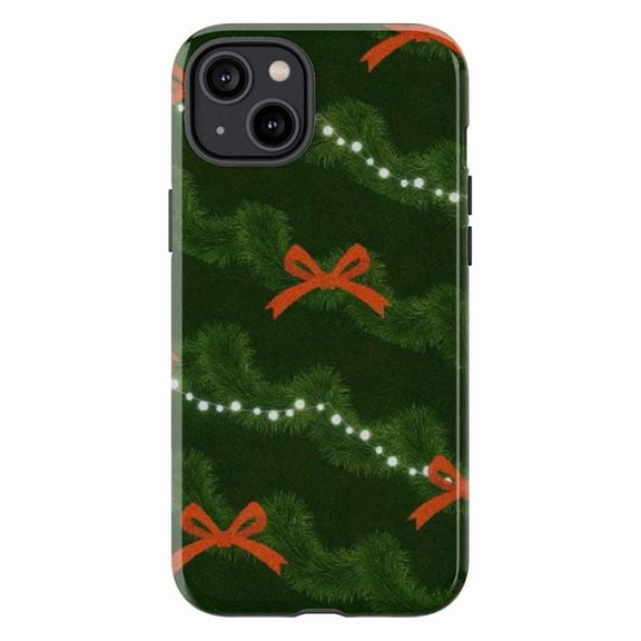 Christmas Garland Pattern Phone Case, Holiday Wreath Lights & Red Bows Cover for iPhone 17 16 15 14 13 12 11 Pro Plus Mini